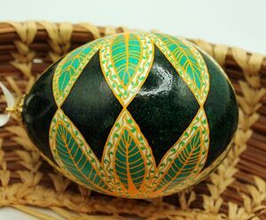 Green & Gold Batik Egg Ornament: Unique Hanging Display